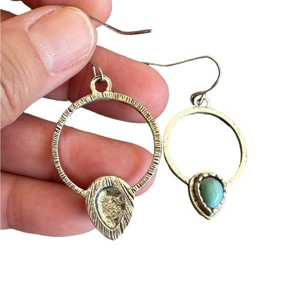 Boho Antique Silver and Turquoise Hollow Hoop Earrings - Picture 5 of 5